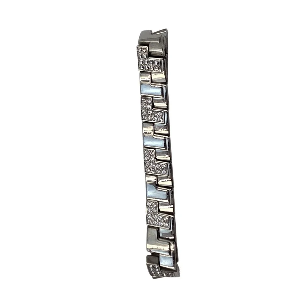 Marc Ecko Mens Stainless Steel Crystal Mother of Pearl Link Bracelet Silver Tone
